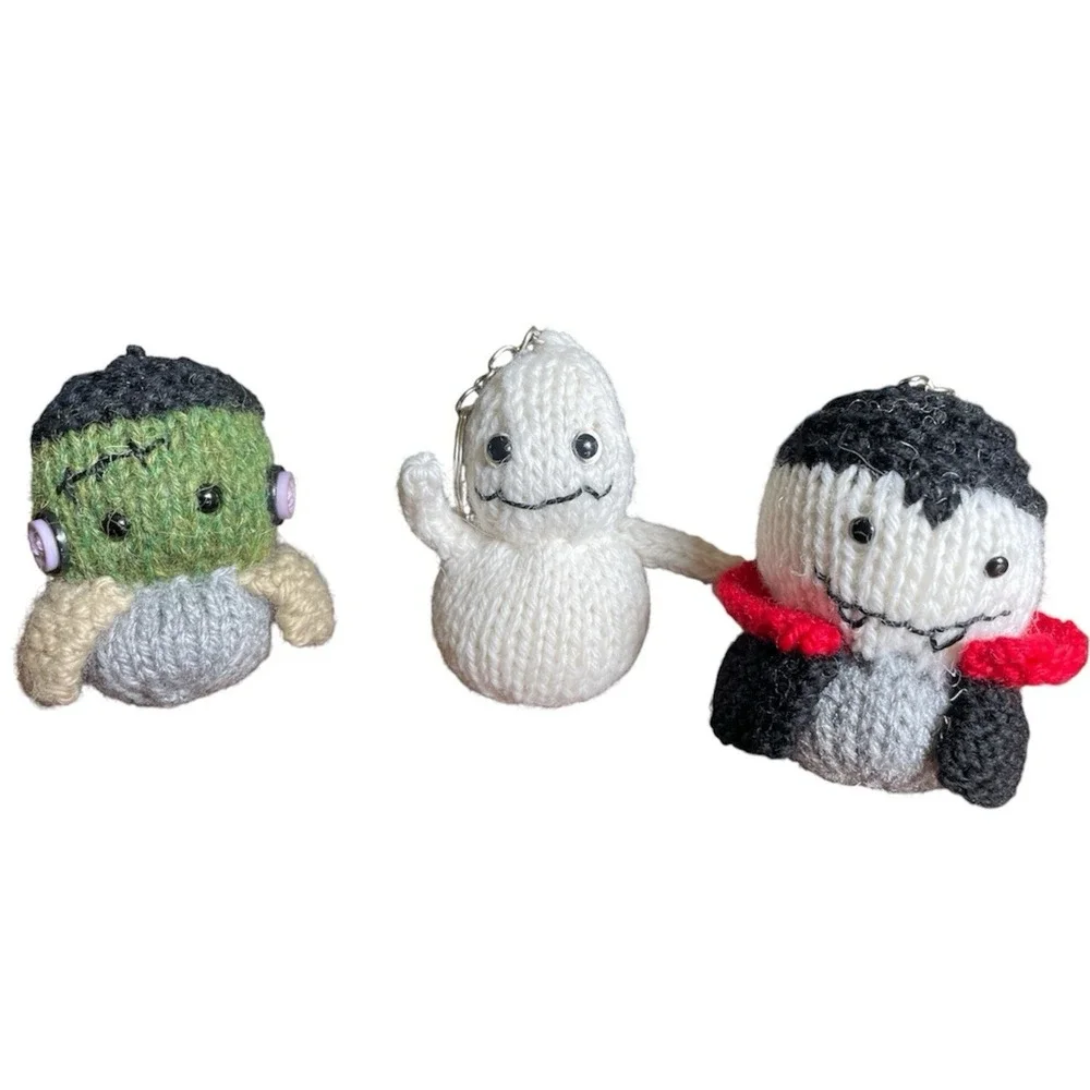 Handmade Halloween Keyring Ghost Dracula Frankestein Set of 3 Bag Charms Knitted